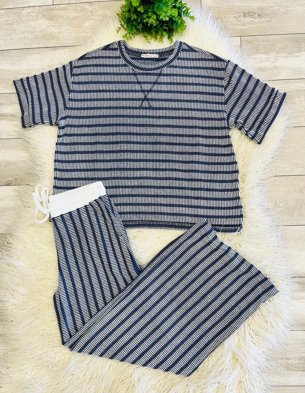Women’s Zenana Navy Ribbed Drop - Shoulder Two Piece Set