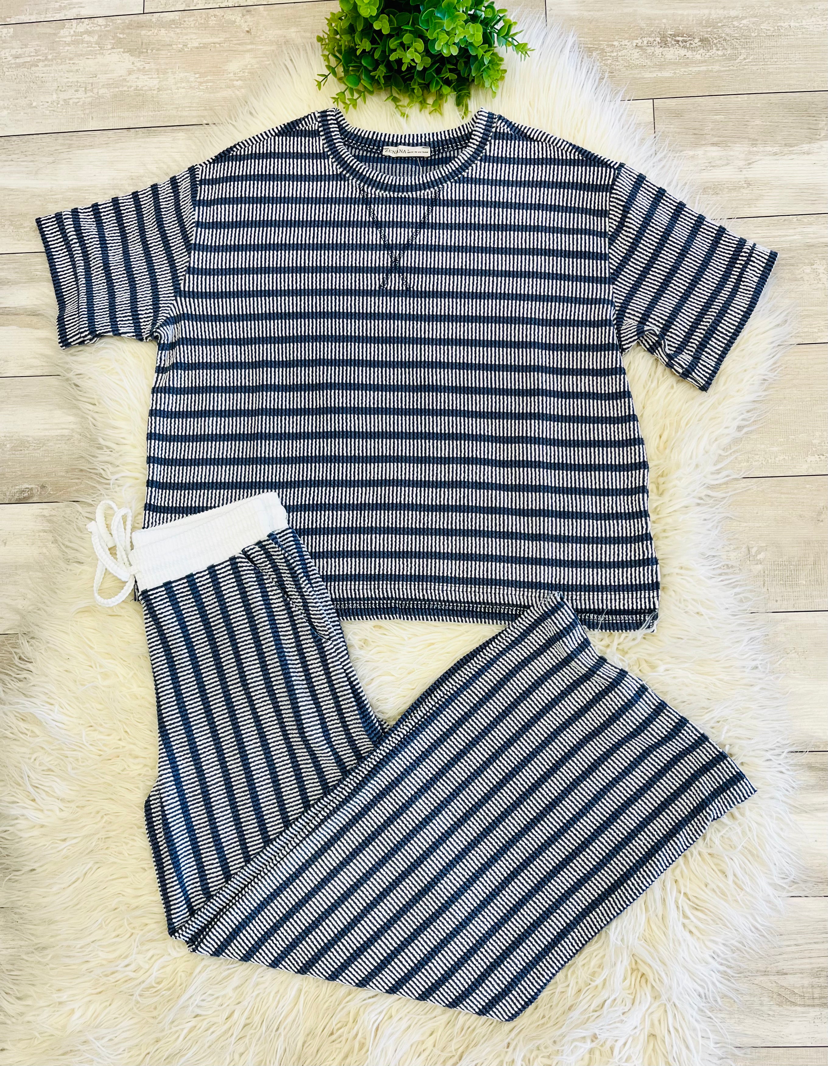 Women’s Zenana Navy Ribbed Drop - Shoulder Two Piece Set