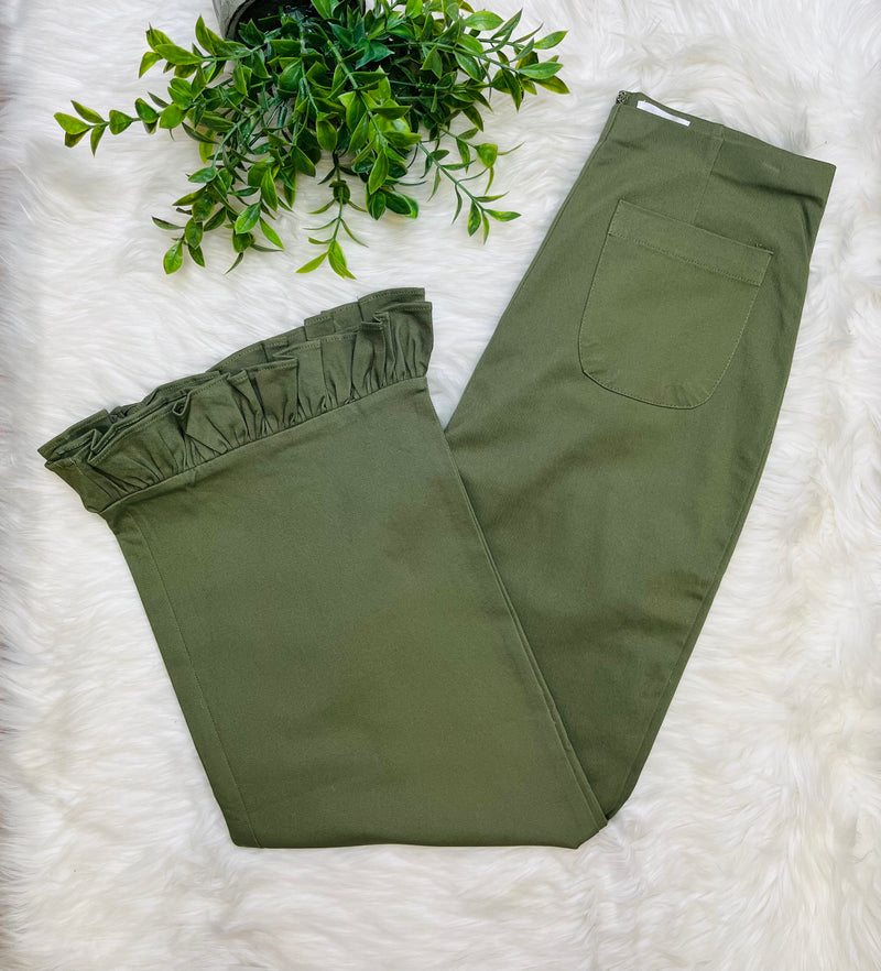 Olive Stretch Front Pocket Ruffle Hem Twill Pants