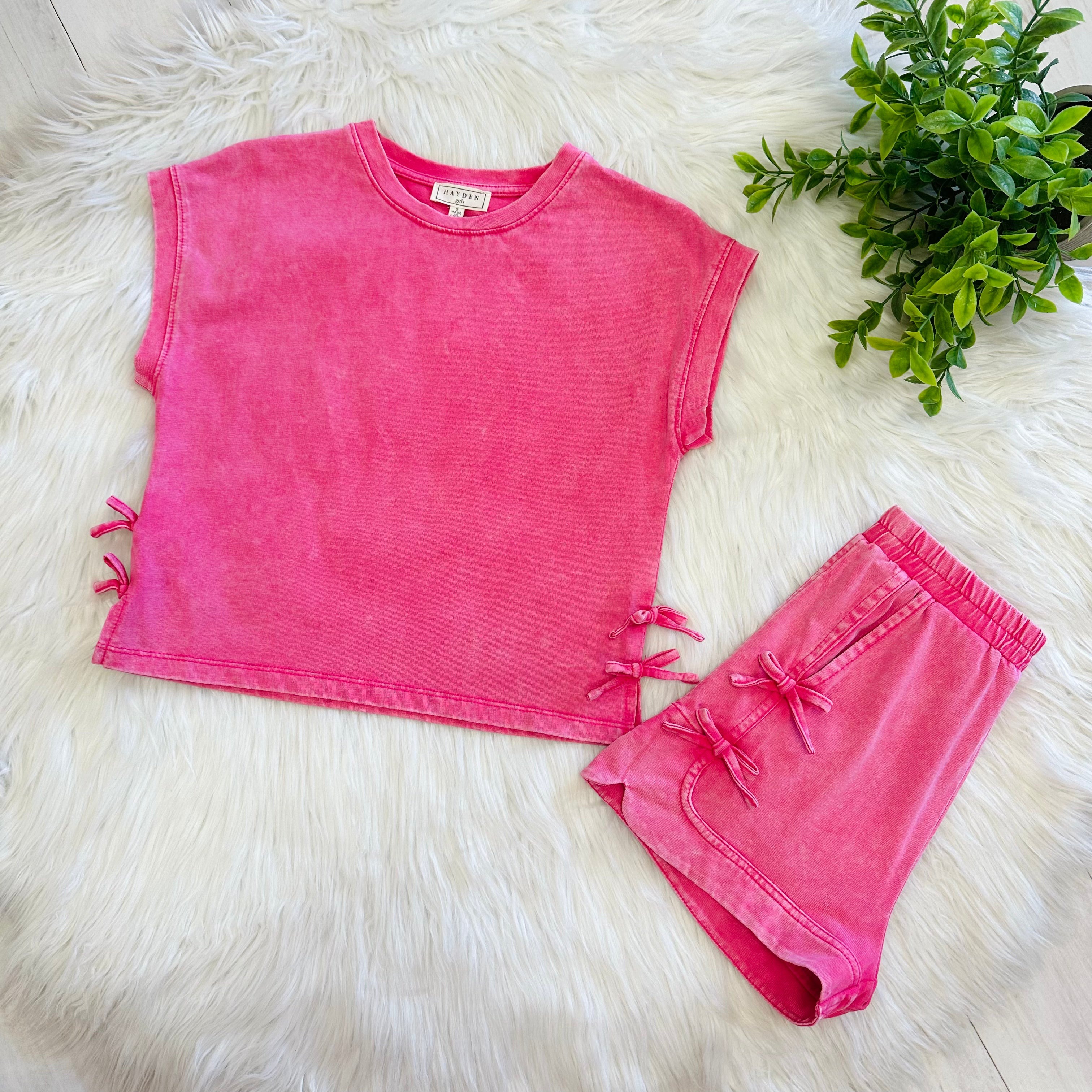 Girl’s Hayden Pink Acid Wash Short Set with Bows
