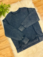 Women’s Zenana Navy Blue Ribbed Acid Wash Crewneck Top- Loose Fit