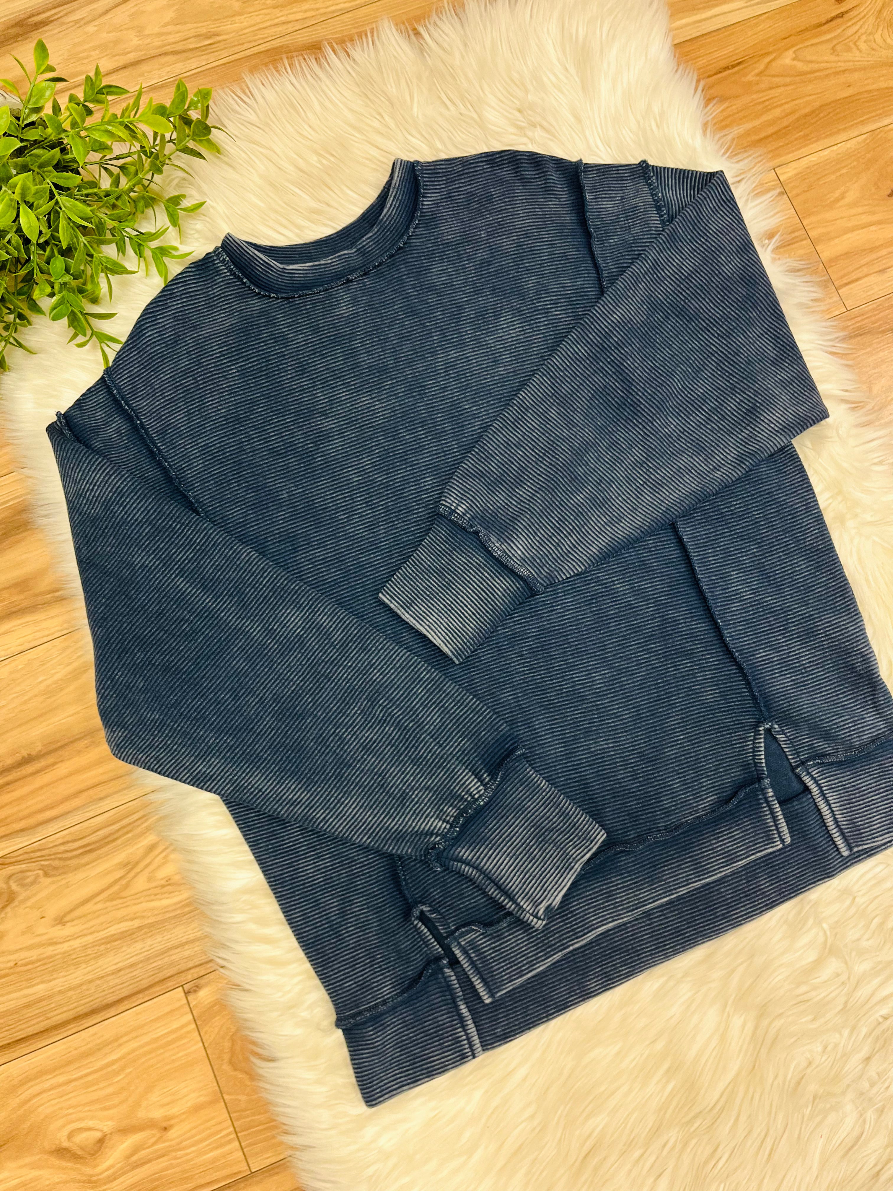 Women’s Zenana Navy Blue Ribbed Acid Wash Crewneck Top- Loose Fit