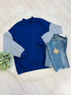 Women’s Evermmee Blue Mock Neck Pullover Top with Gingham Print Sleeves- Loose Fit