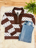 Women’s Brown Half Zip Stripe Top with Polka Dots- True to Size