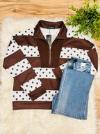 Women’s Brown Half Zip Stripe Top with Polka Dots- True to Size