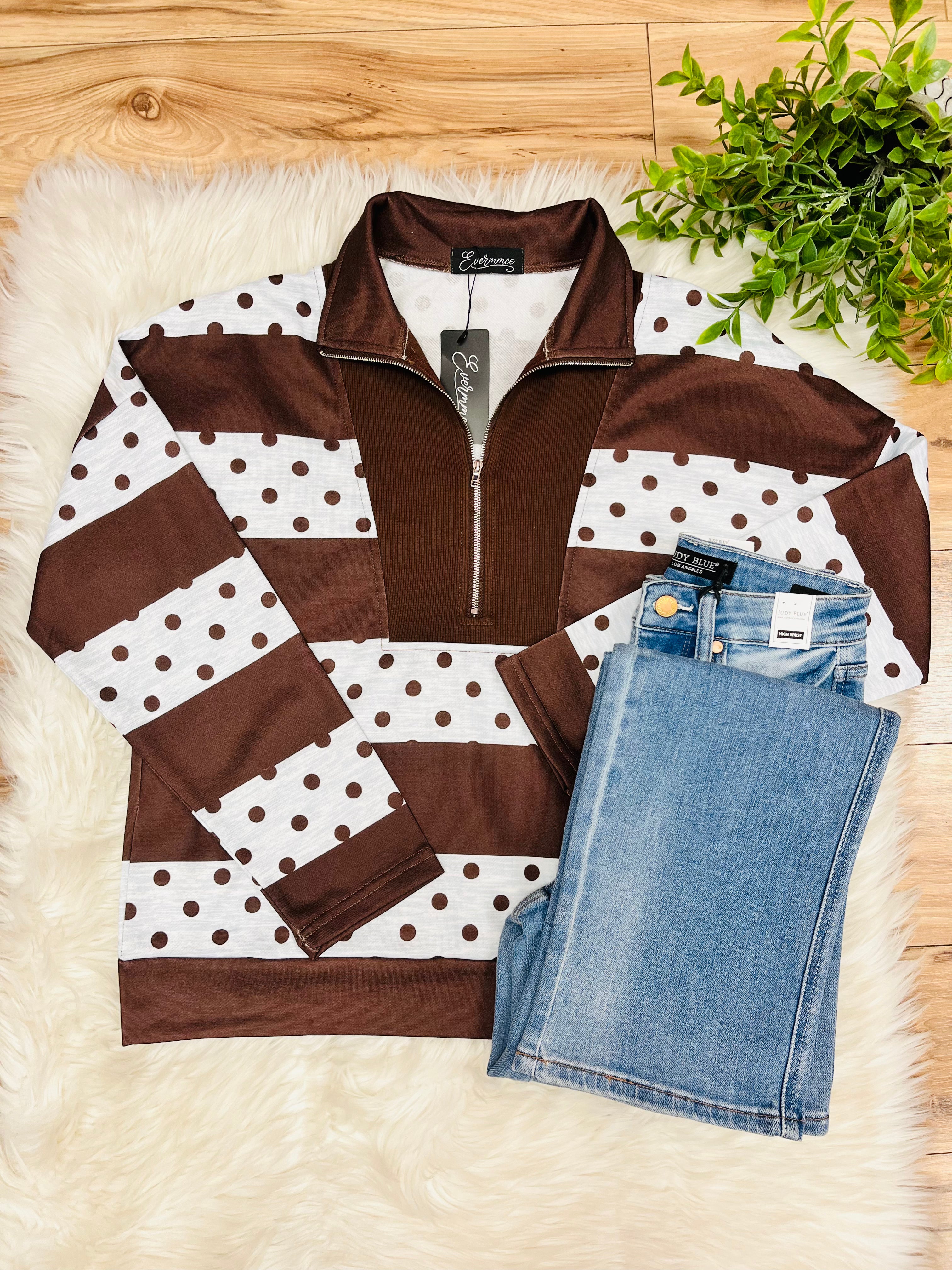 Women’s Brown Half Zip Stripe Top with Polka Dots- True to Size