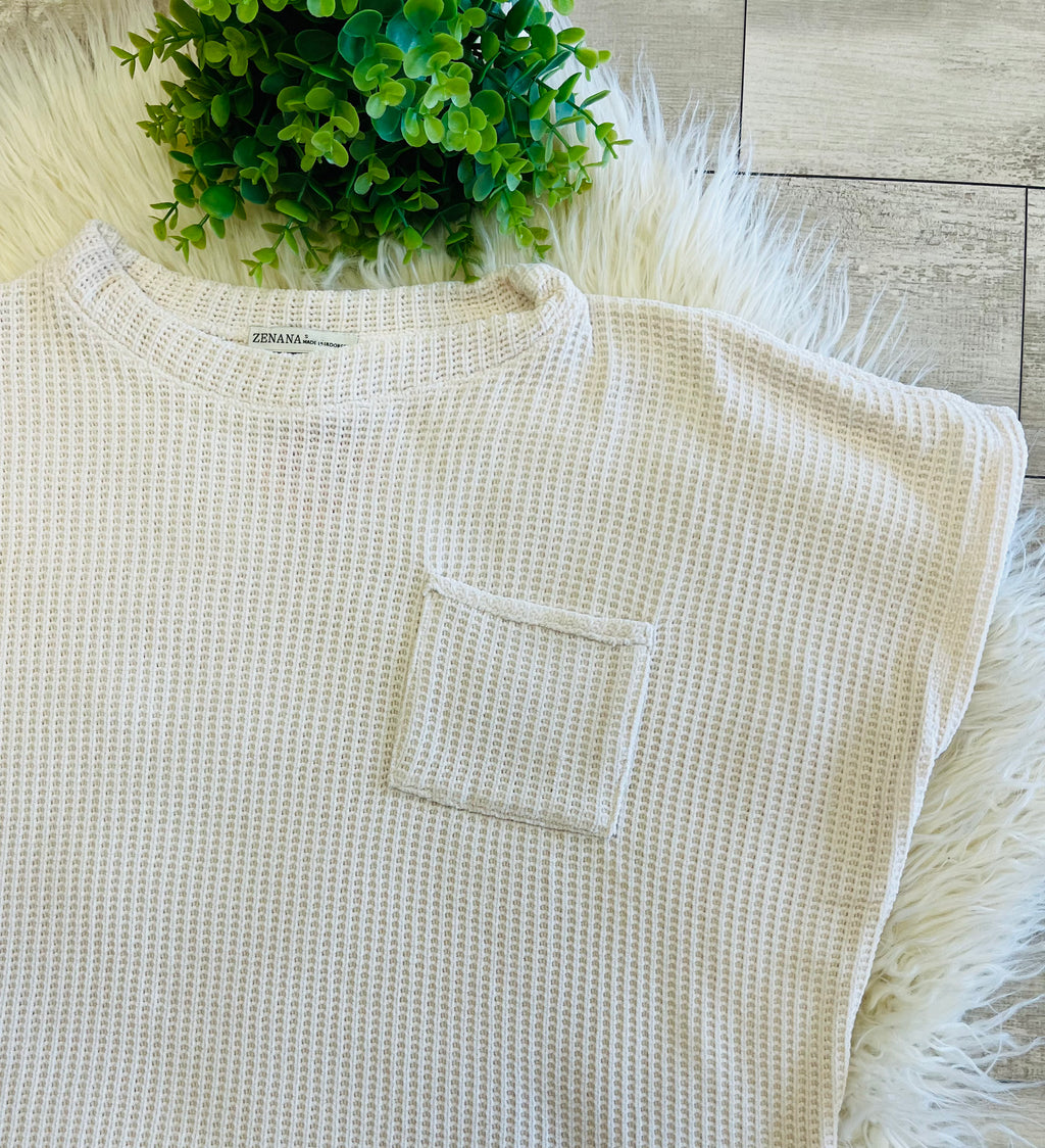 Women’s Zenana Soft Waffle Knit Pocket Top In Light Beige - Oversized