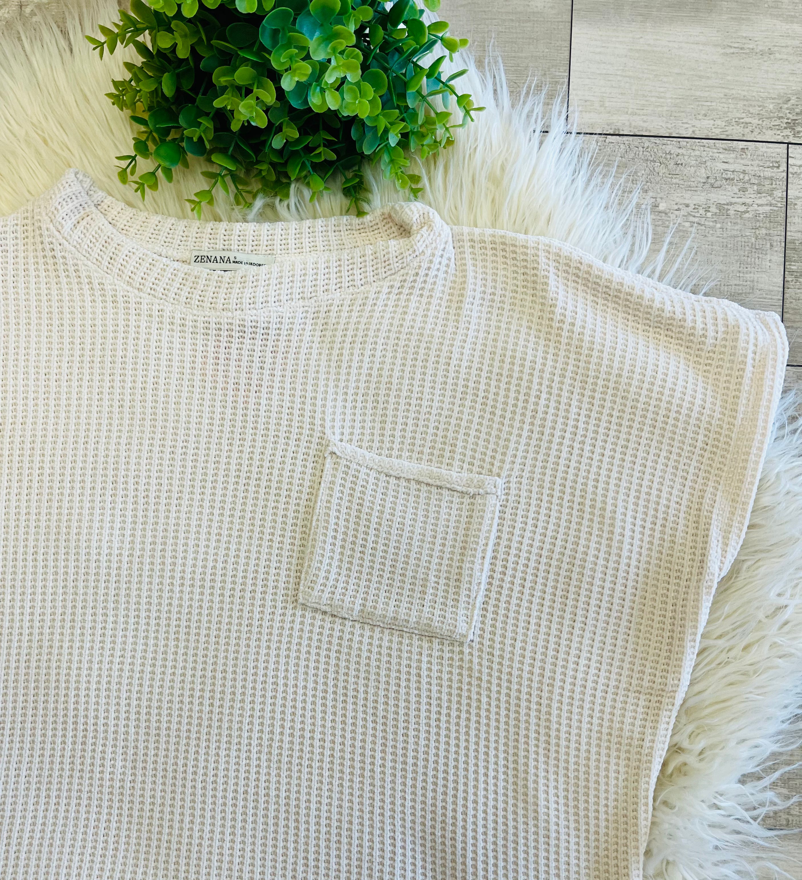 Women’s Zenana Soft Waffle Knit Pocket Top In Light Beige - Oversized