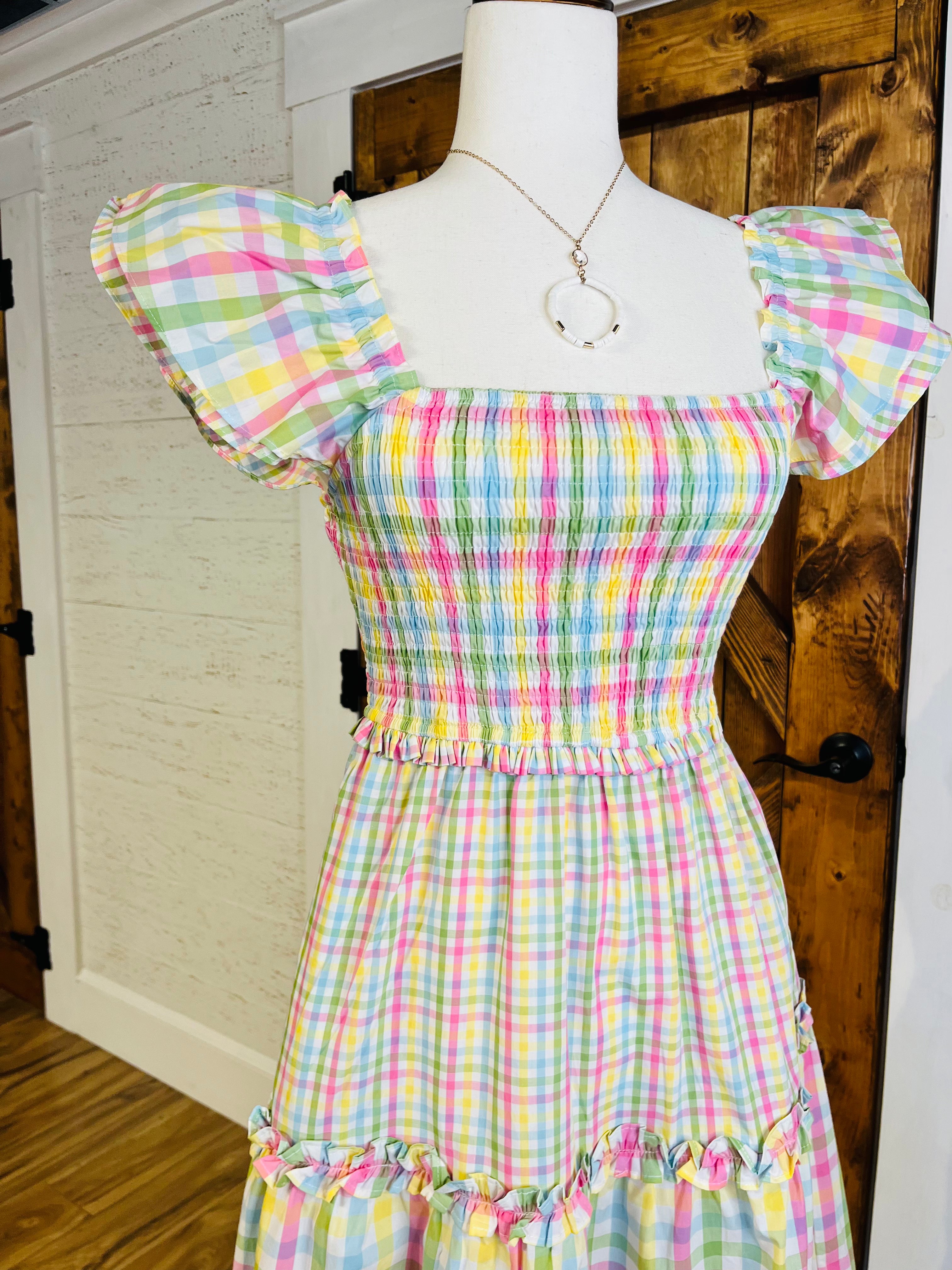 Women’s Pastel Multi Color Gingham Flutter Sleeve Dress