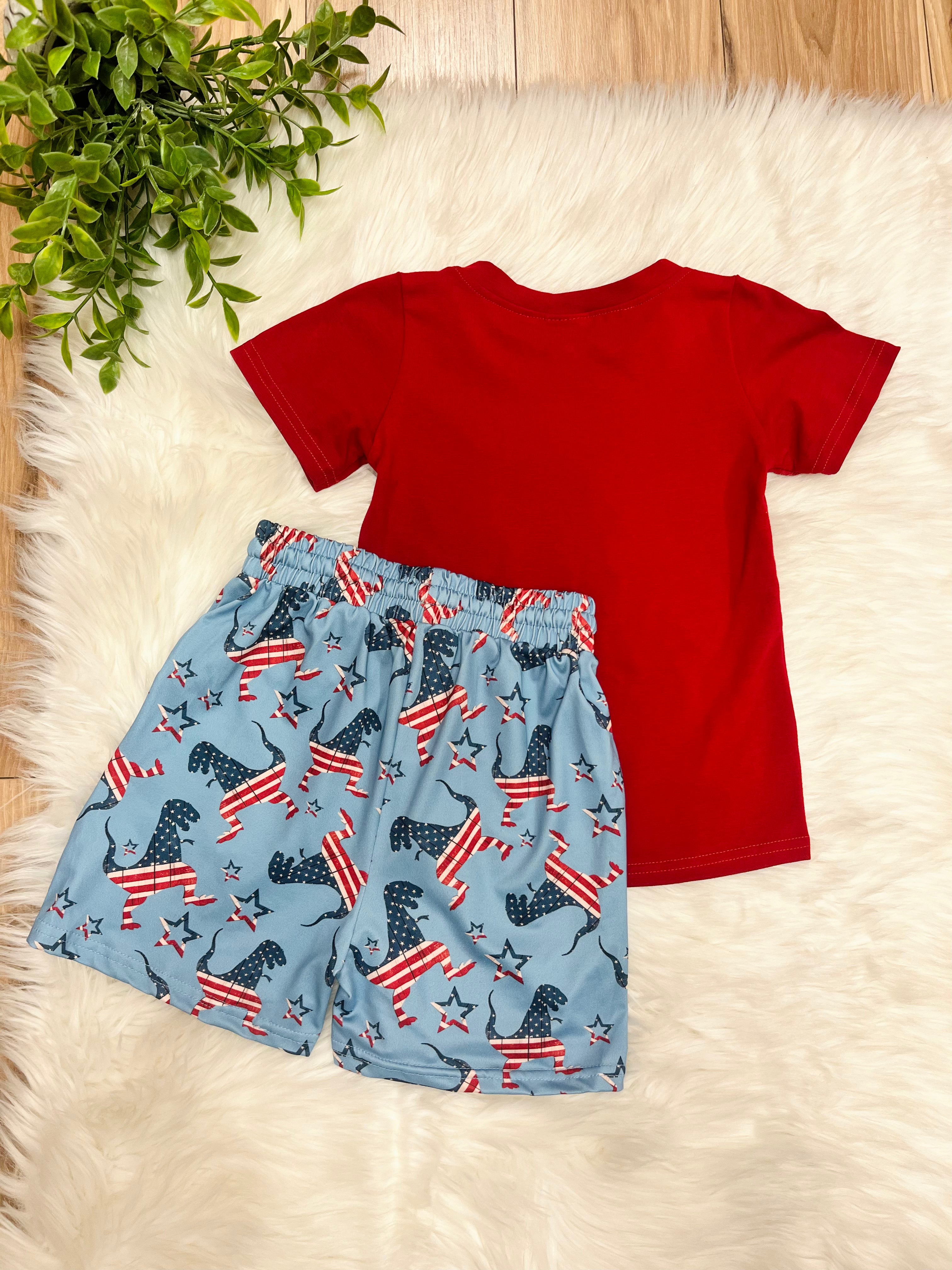 Boy’s American Flag Dinosaur Short Set