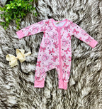 Girl’s Pink Bow with Floral and Heart Details Zipper Romper