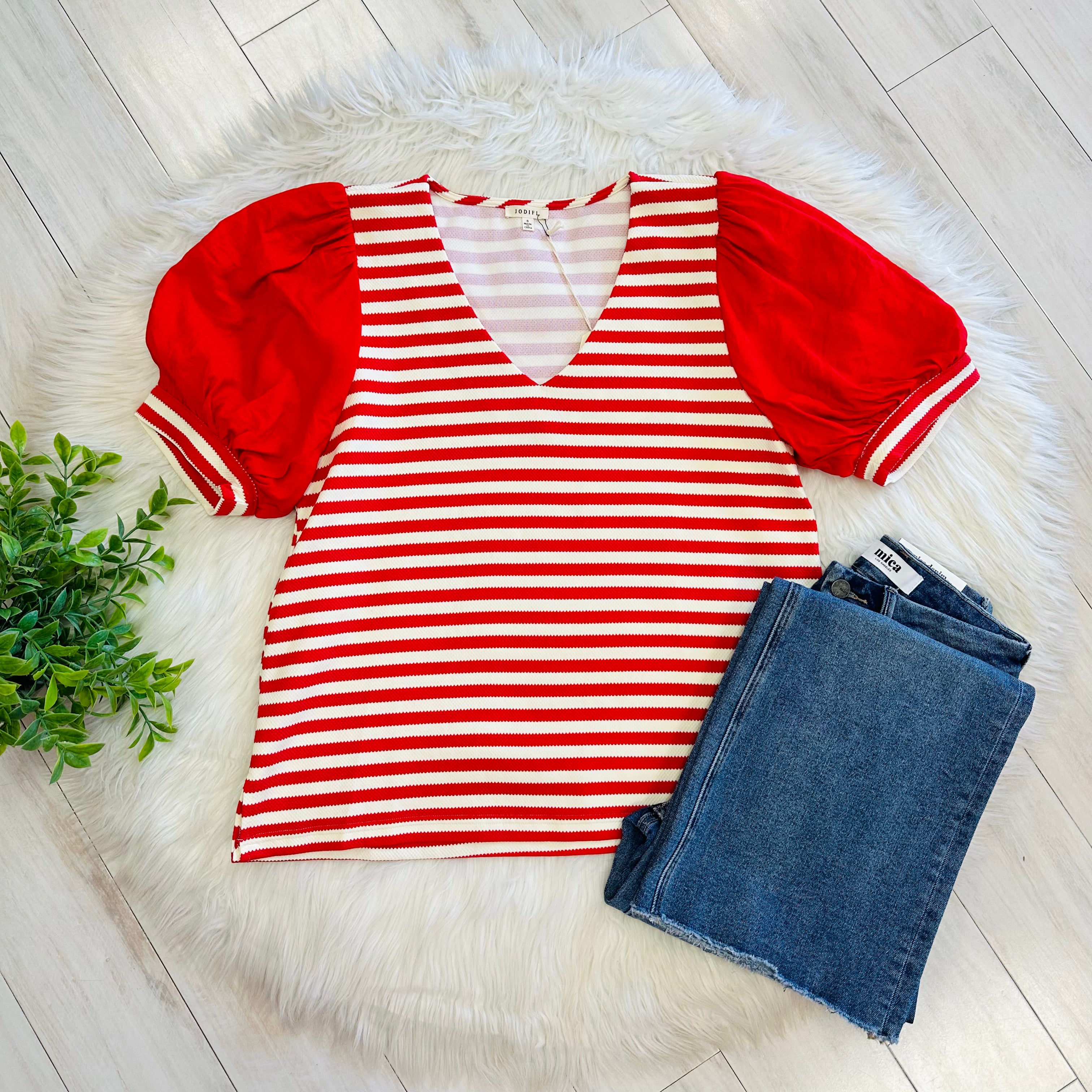 Women’s Jodifl Red Stripe Puff Sleeve Top