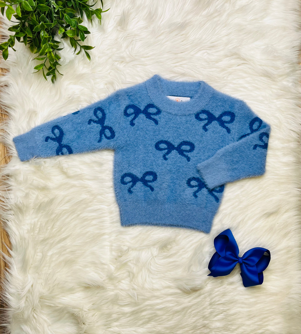 Girl’s Blue Bow Fuzzy Sweater Top