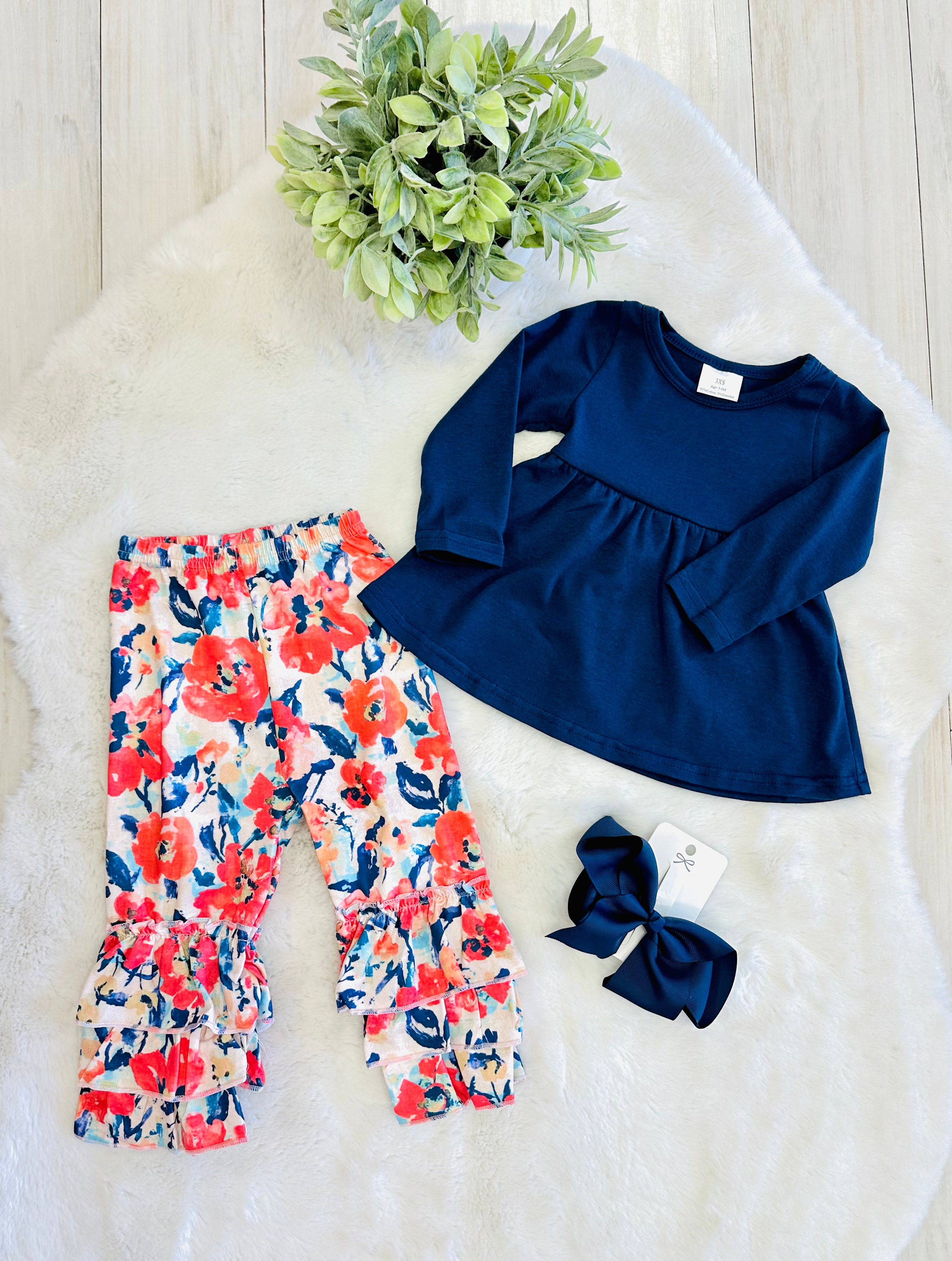 Girls Navy & Coral Floral Outfit