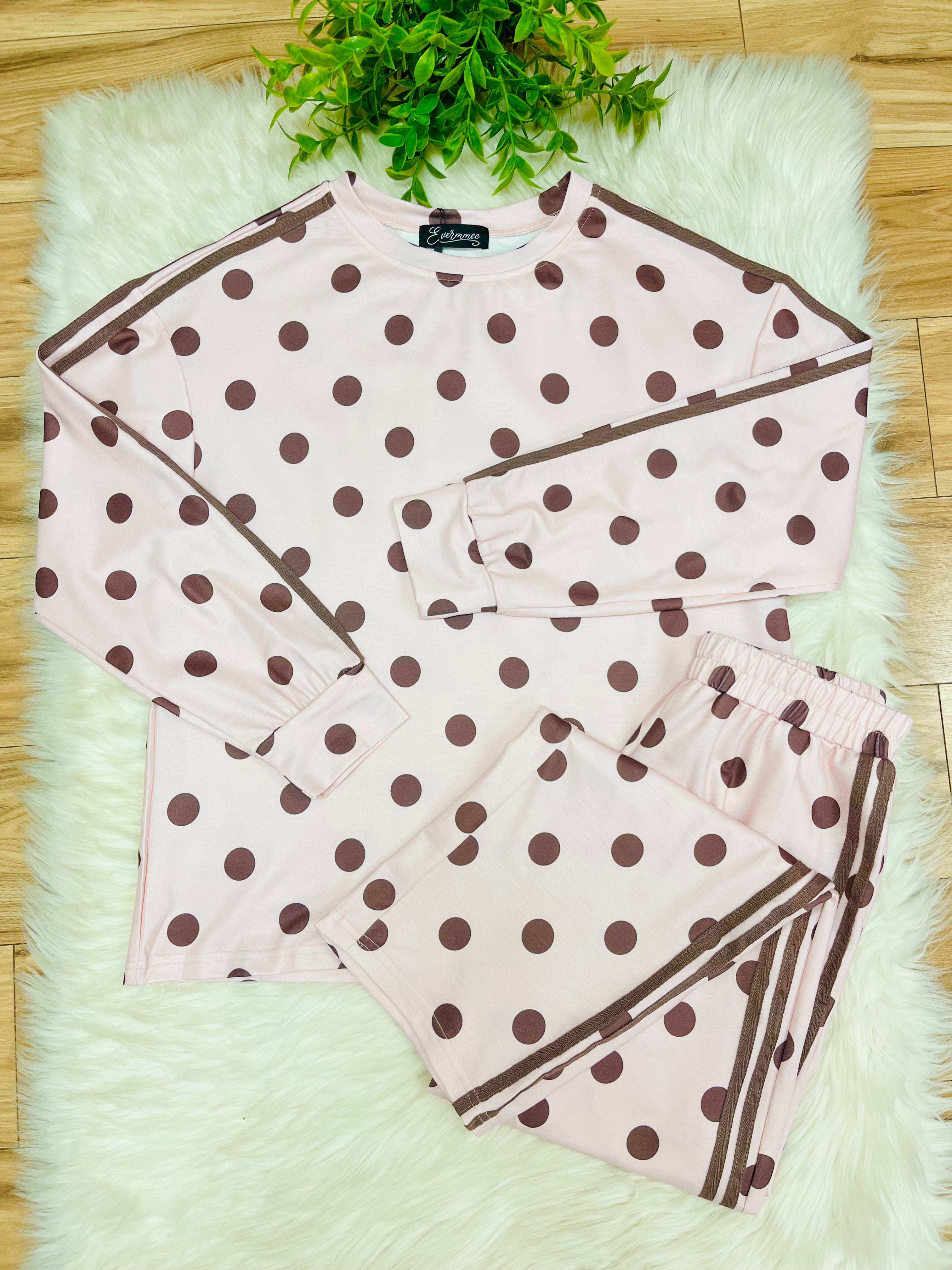 Women’s Evermmee Light Pink & Brown Polka Dot Pant Set- True to Size