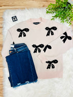 Women’s Evermmee Cream Sweater Top with Black Bows & Pearl Details- True to Size