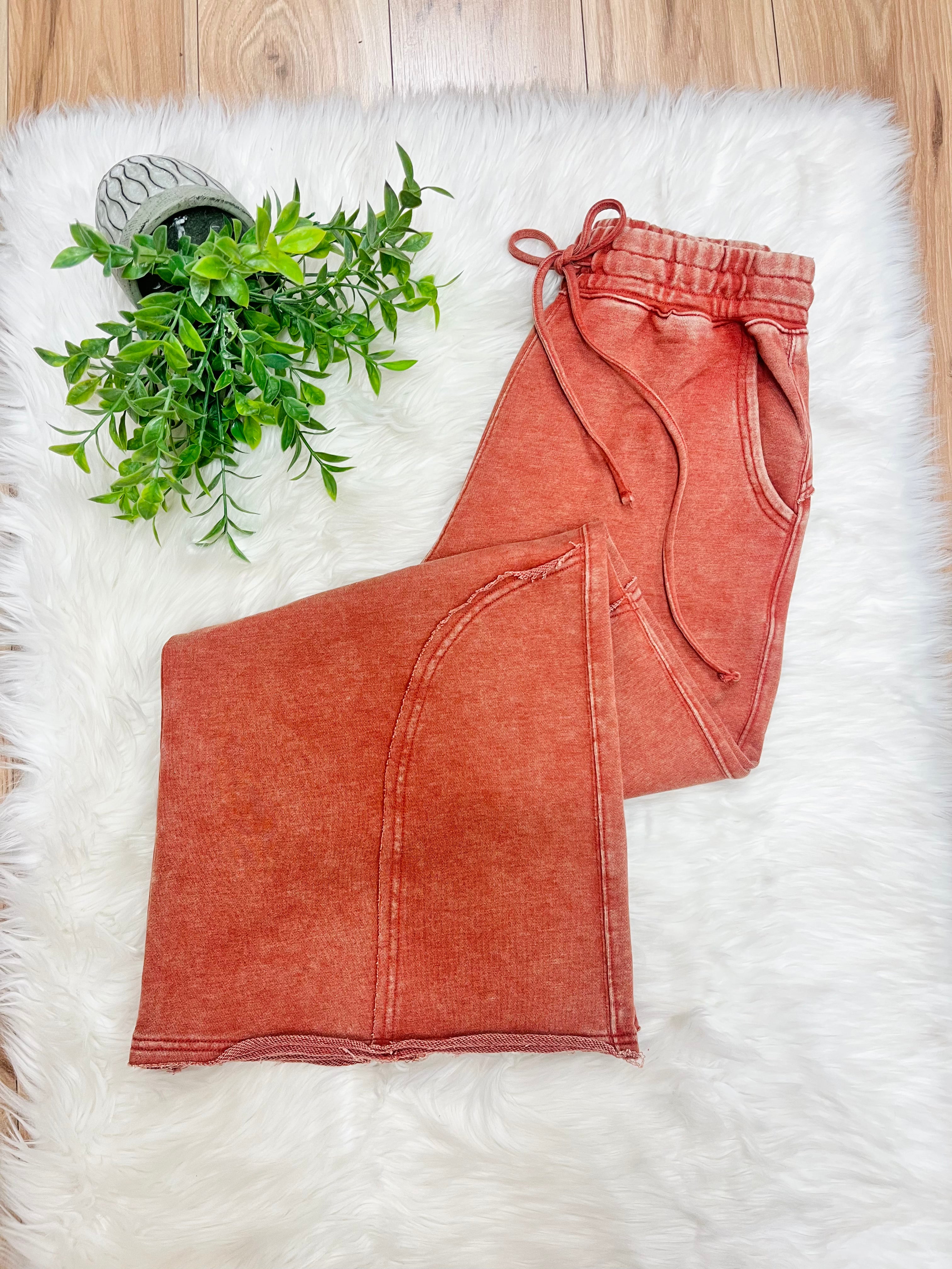Women’s Zenana Rust Wide Leg Acid Wash Pants- Oversized