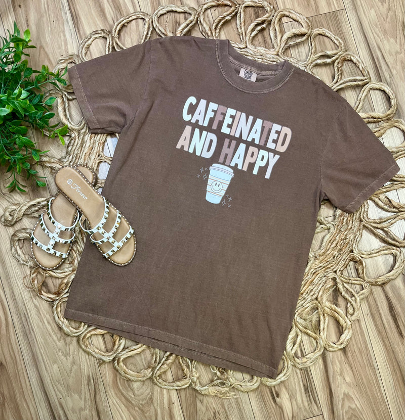 Comfort Colors “Caffeinated And Happy” Brown Graphic Tee