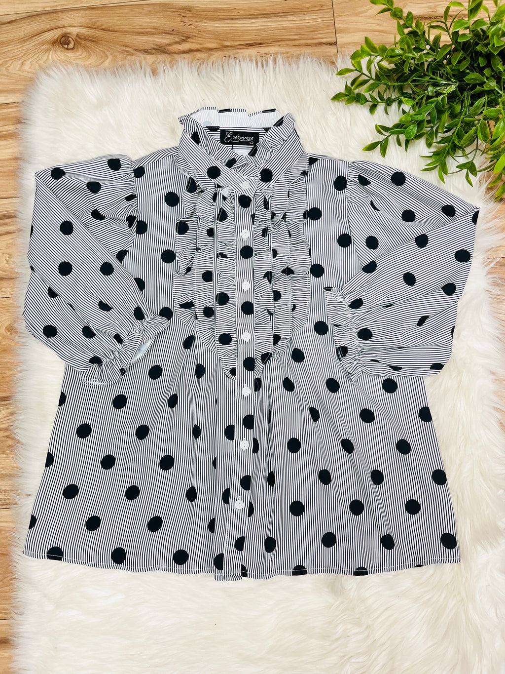 Women’s Evermmee White Ruffle Button Down Top with Black Stripes and Polka Dots- True to Size
