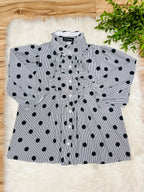 Women’s Evermmee White Ruffle Button Down Top with Black Stripes and Polka Dots- True to Size