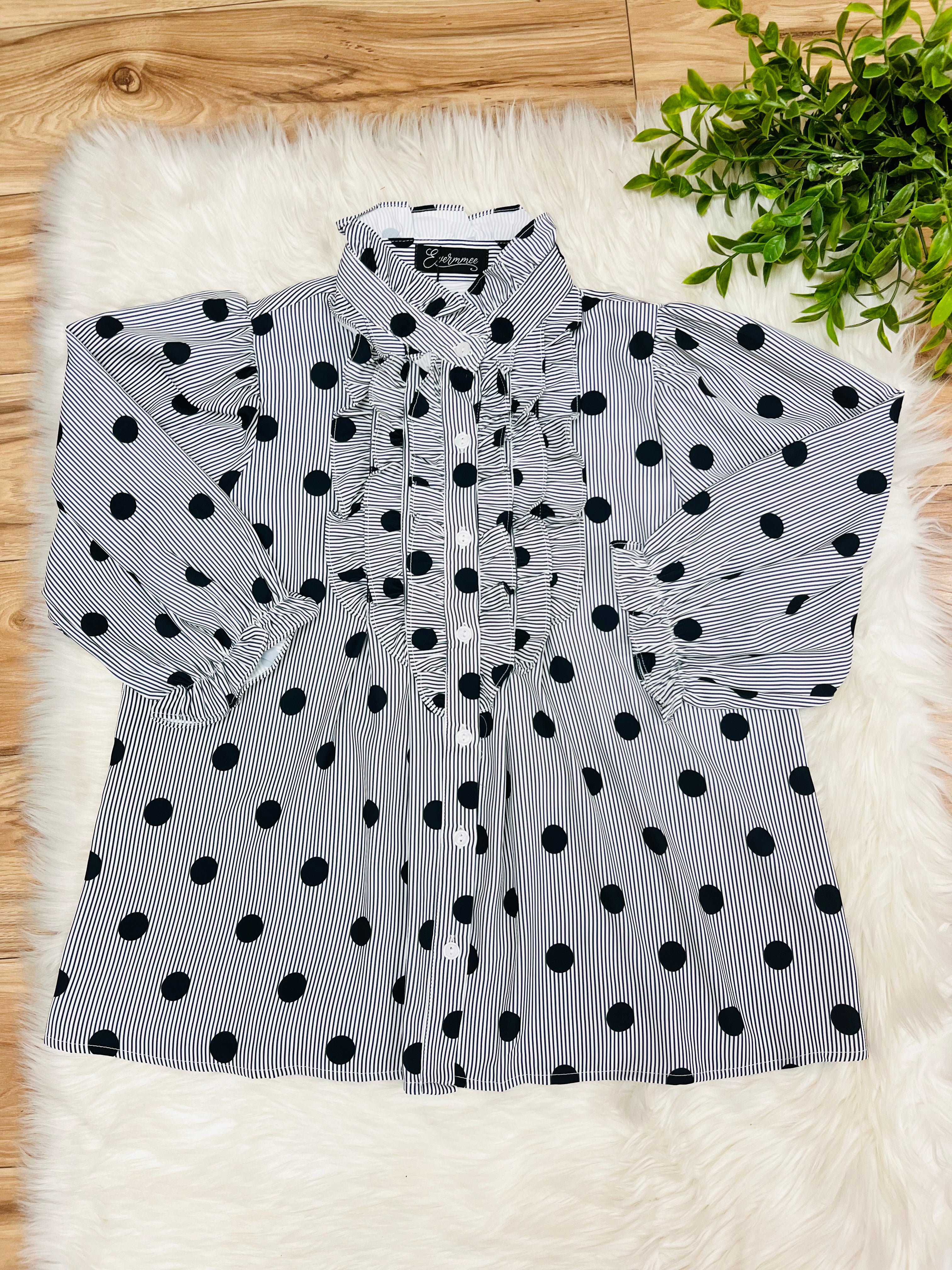 Women’s Evermmee White Ruffle Button Down Top with Black Stripes and Polka Dots- True to Size