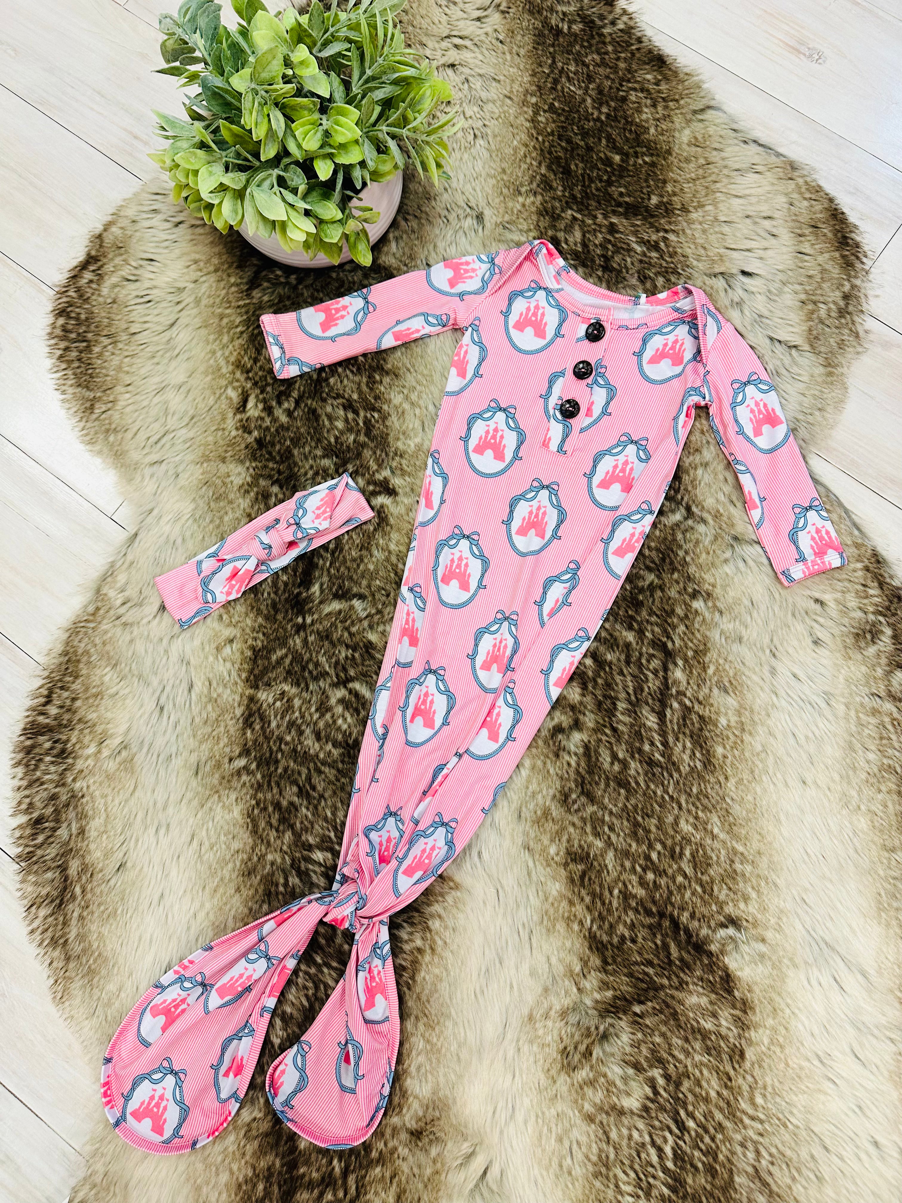 Girl’s Pink Castle Knotted Gown with Matching Headband Set