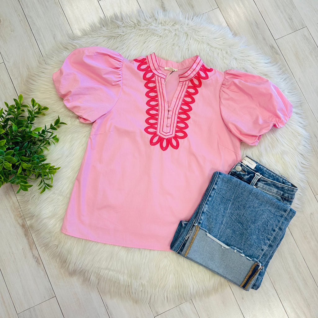 Women’s Jodifl Pink Embroidered Puff Sleeve Top