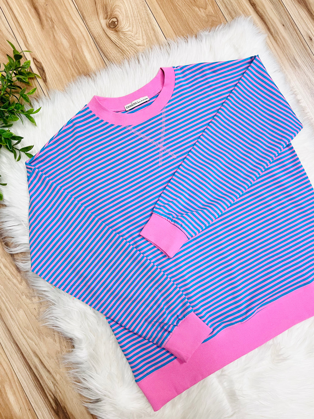 Women’s Zenana Aqua Blue and Pink Stripe Long Sleeve Top