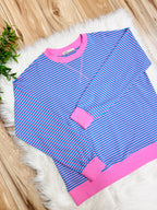 Women’s Zenana Aqua Blue and Pink Stripe Long Sleeve Top