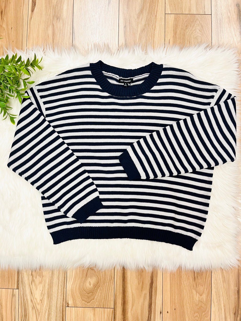 Women’s Stripe Navy & Grey Relaxed Sweater Top by Blu Pepper- Loose Fit