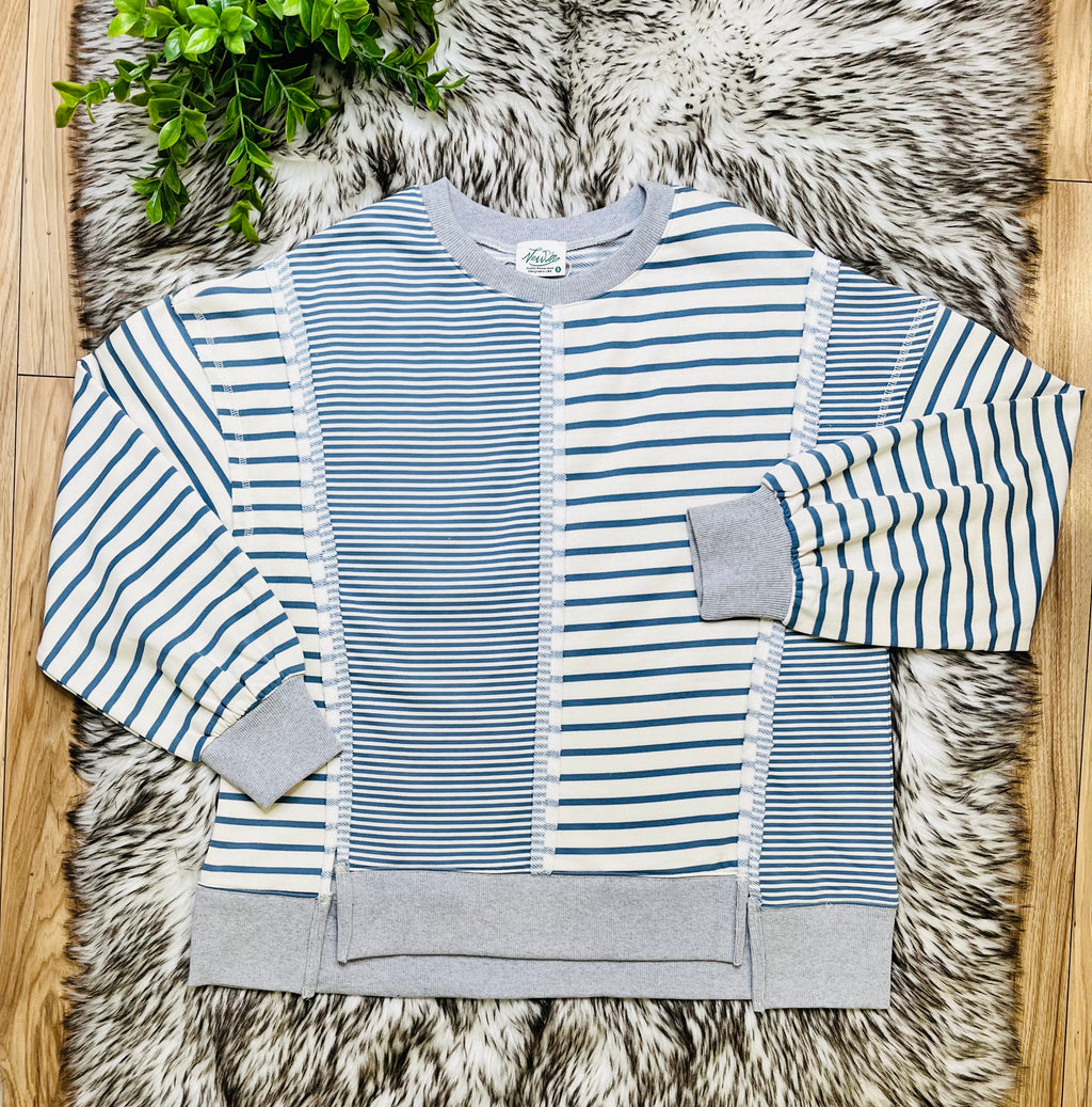 Women’s Very J Denim Blue and Cream Stripe Patch Top