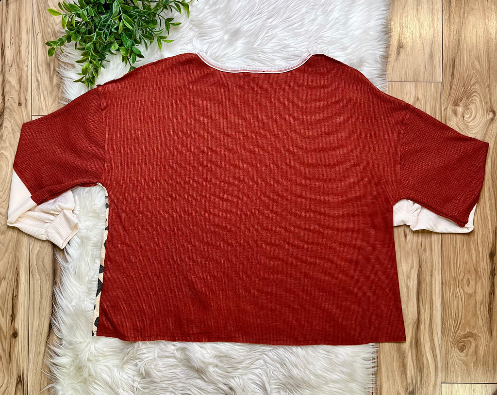 Women’s Bibi Rust Leopard Front Pocket Top- Loose Fit