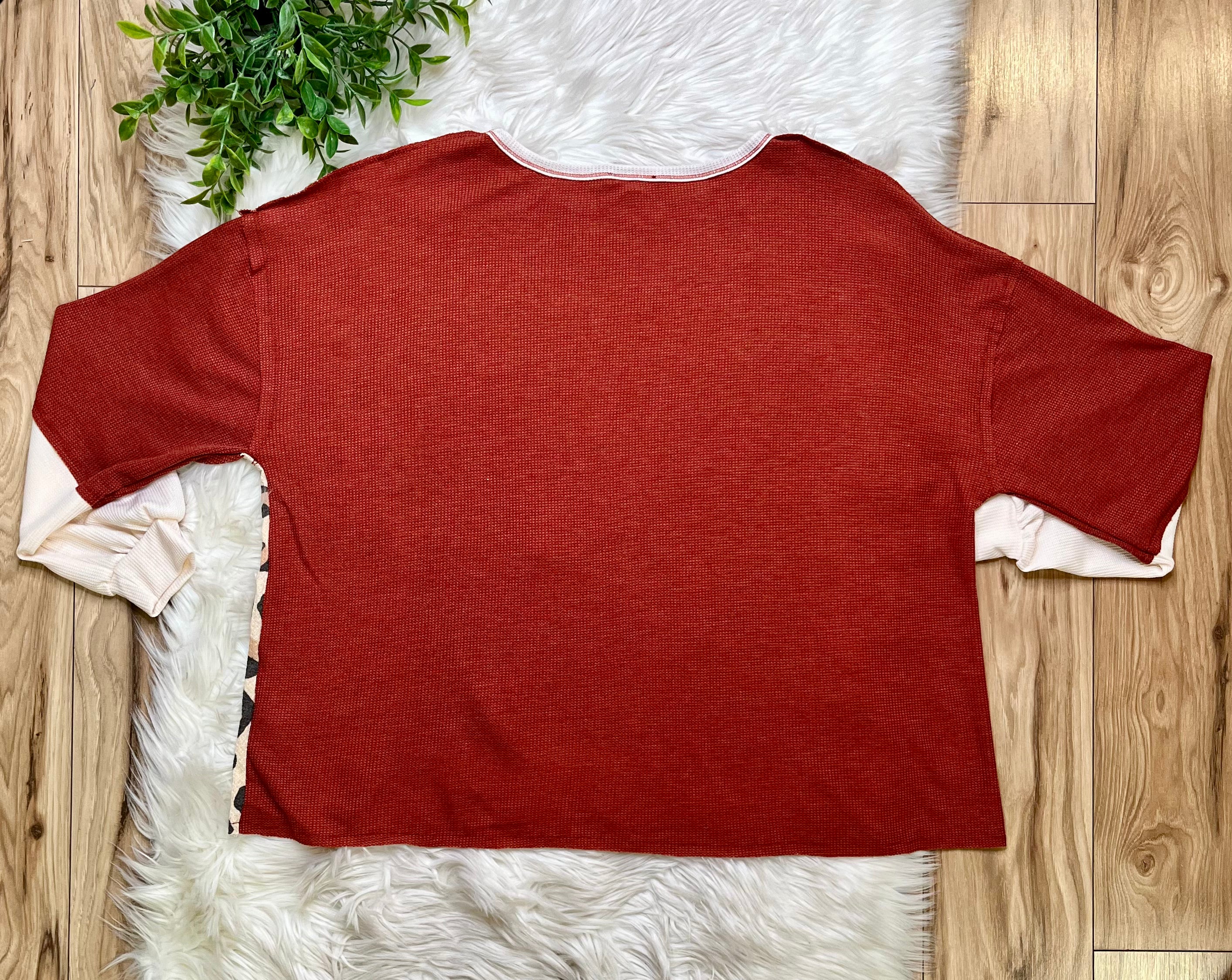 Women’s Bibi Rust Leopard Front Pocket Top- Loose Fit