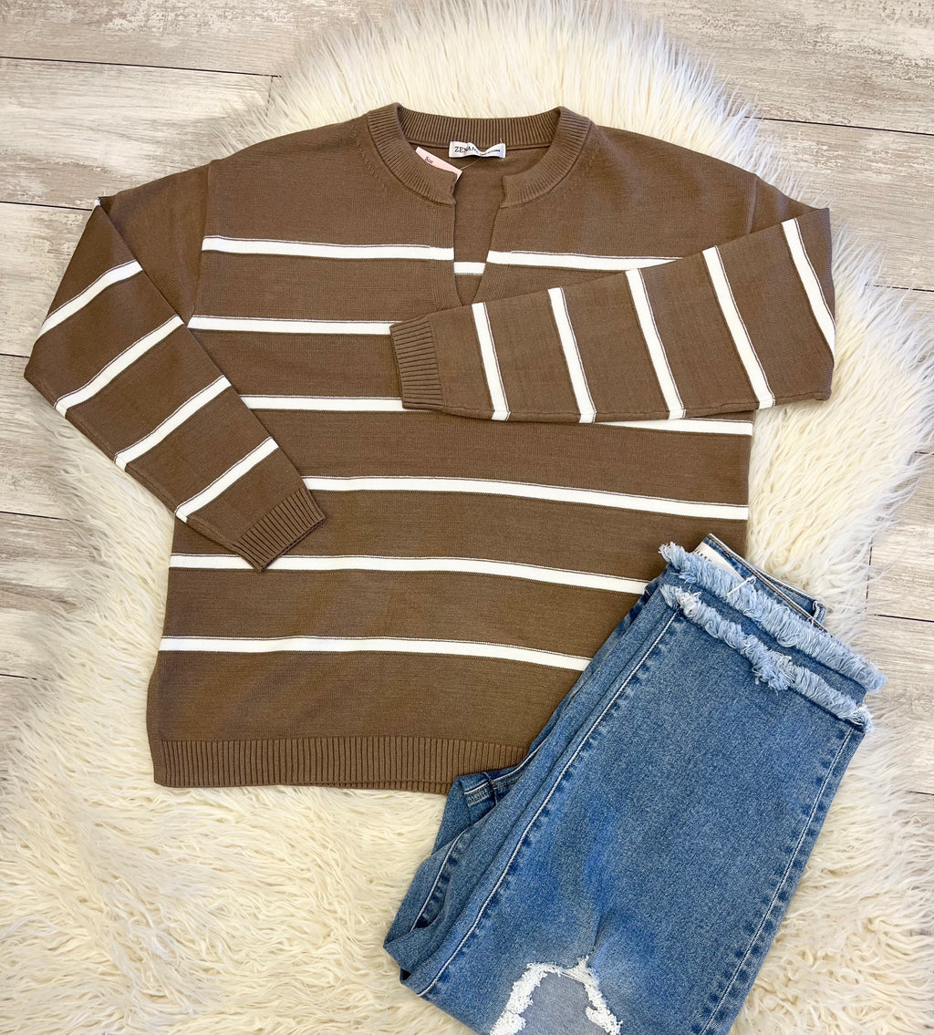 Women’s Zenana Trinity V-Neck Sweater In Mocha -True to Size