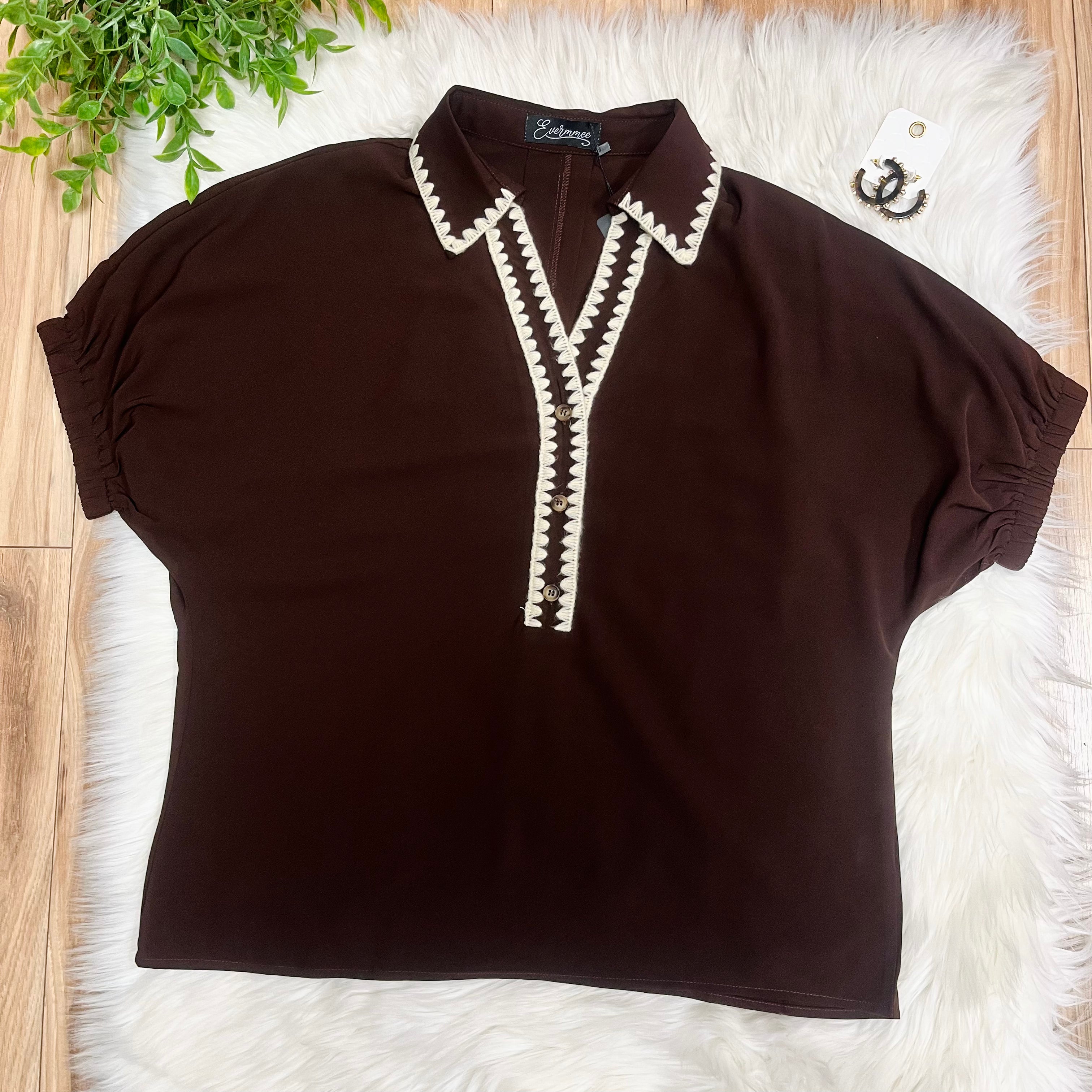 Women’s Evermmee Dark Brown Collared Top with Cream Stitching