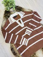 Women’s Evermmee Brown Collared Sweater Top with White Stripes- Loose Fit