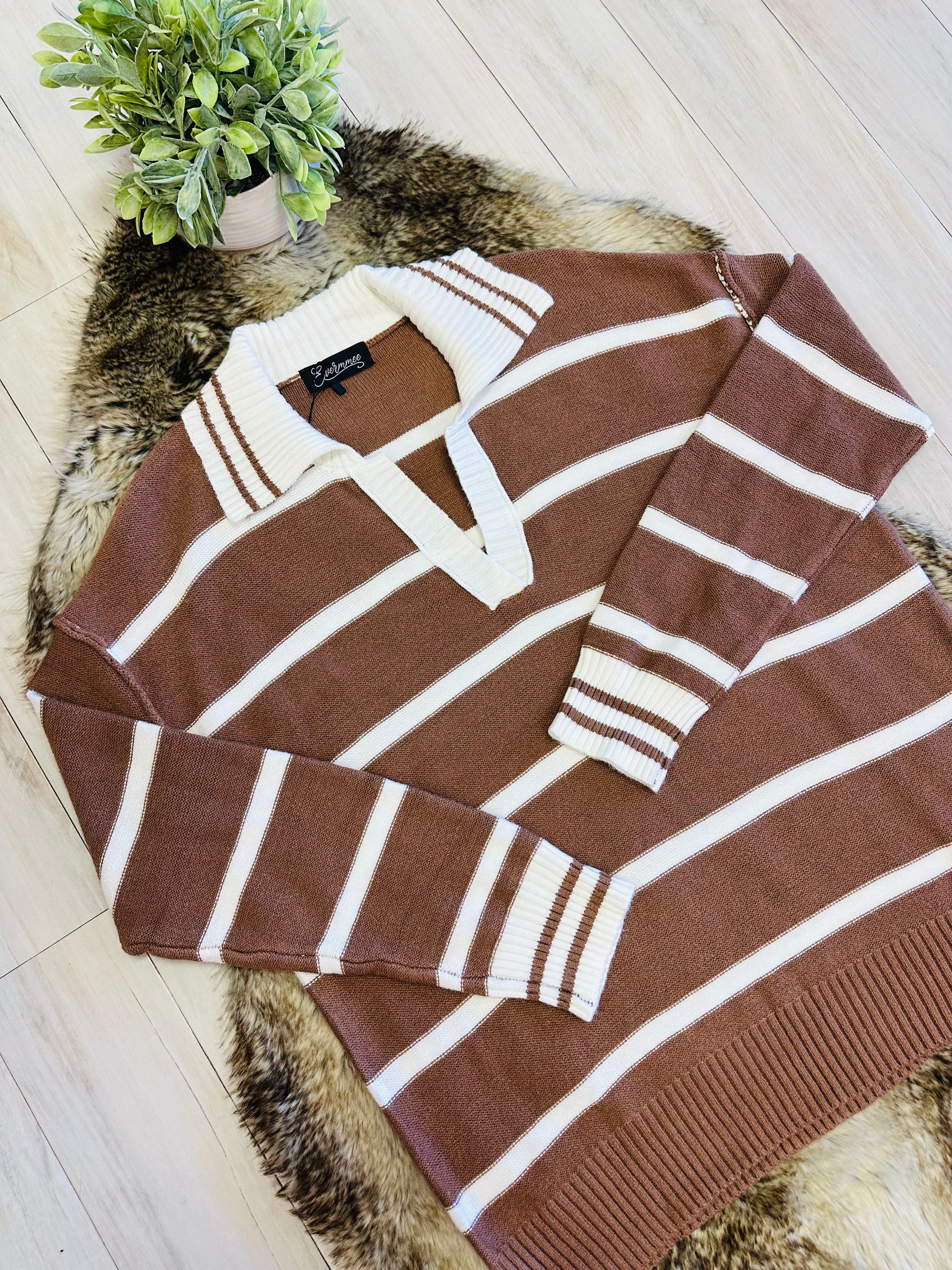 Women’s Evermmee Brown Collared Sweater Top with White Stripes- Loose Fit