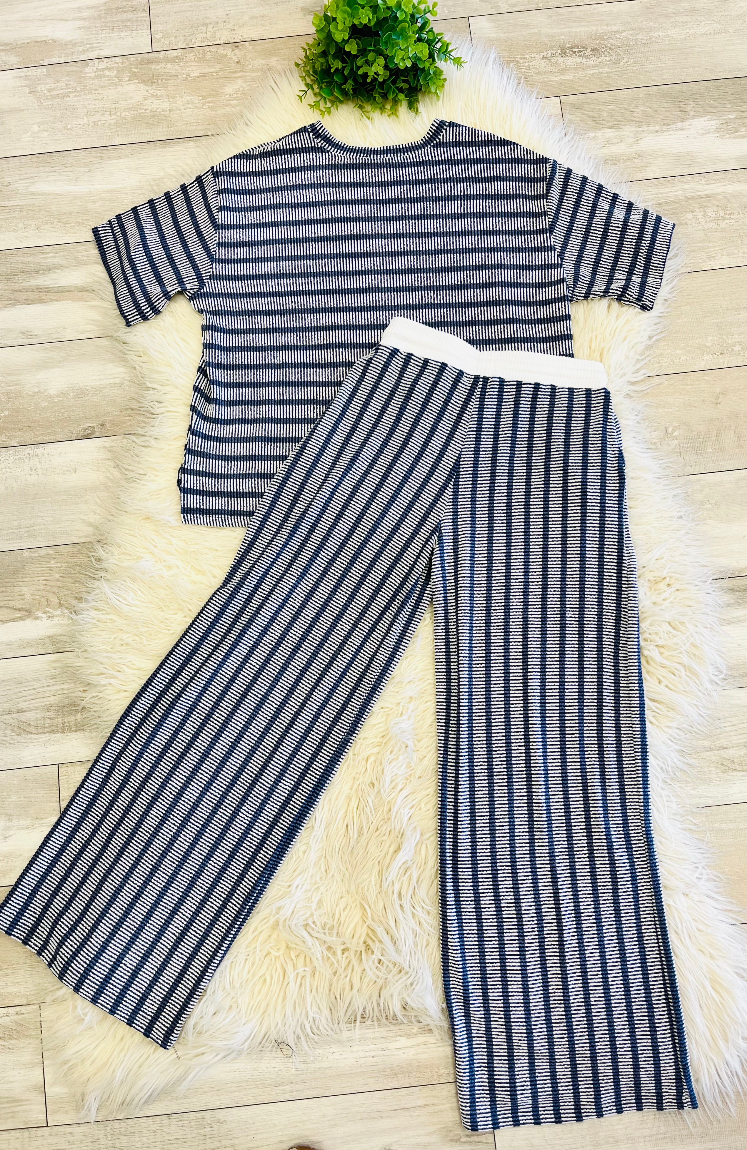 Women’s Zenana Navy Ribbed Drop - Shoulder Two Piece Set