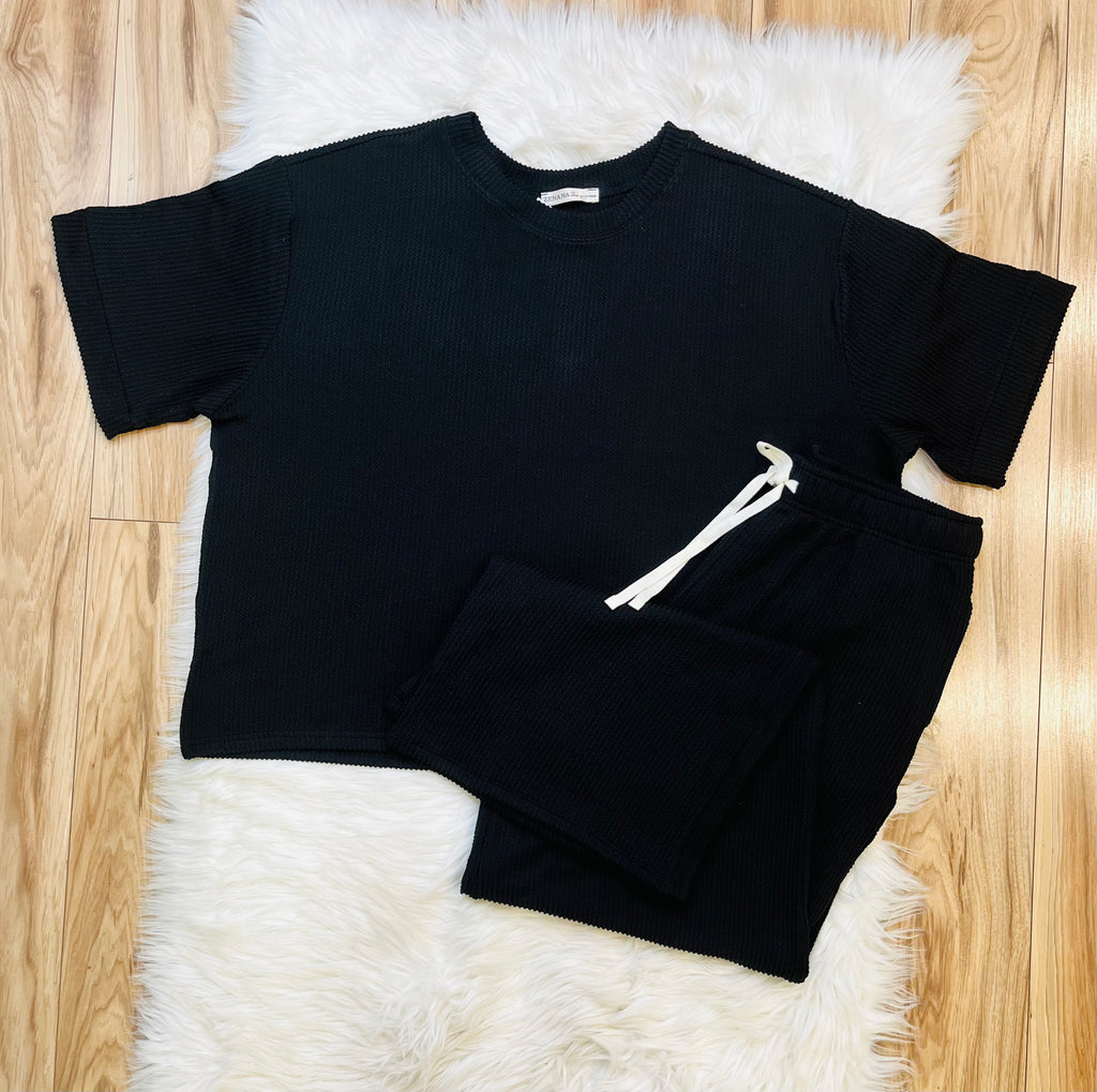 Women’s Black Ribbed Top and Drawstring Pant Set