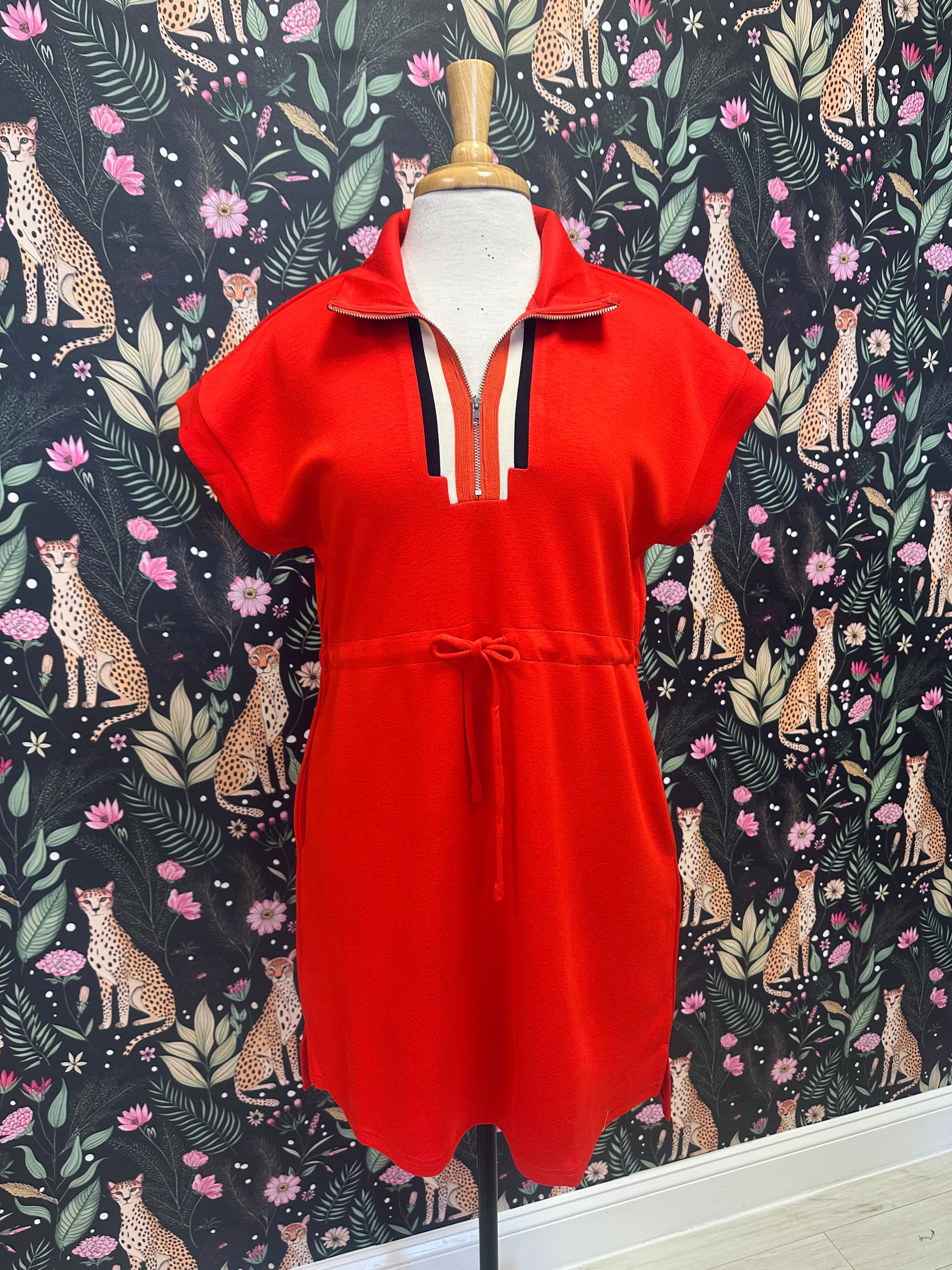 Women’s Jodifl Red Half Zip Collared Dress with Drawstring Waist and Pockets