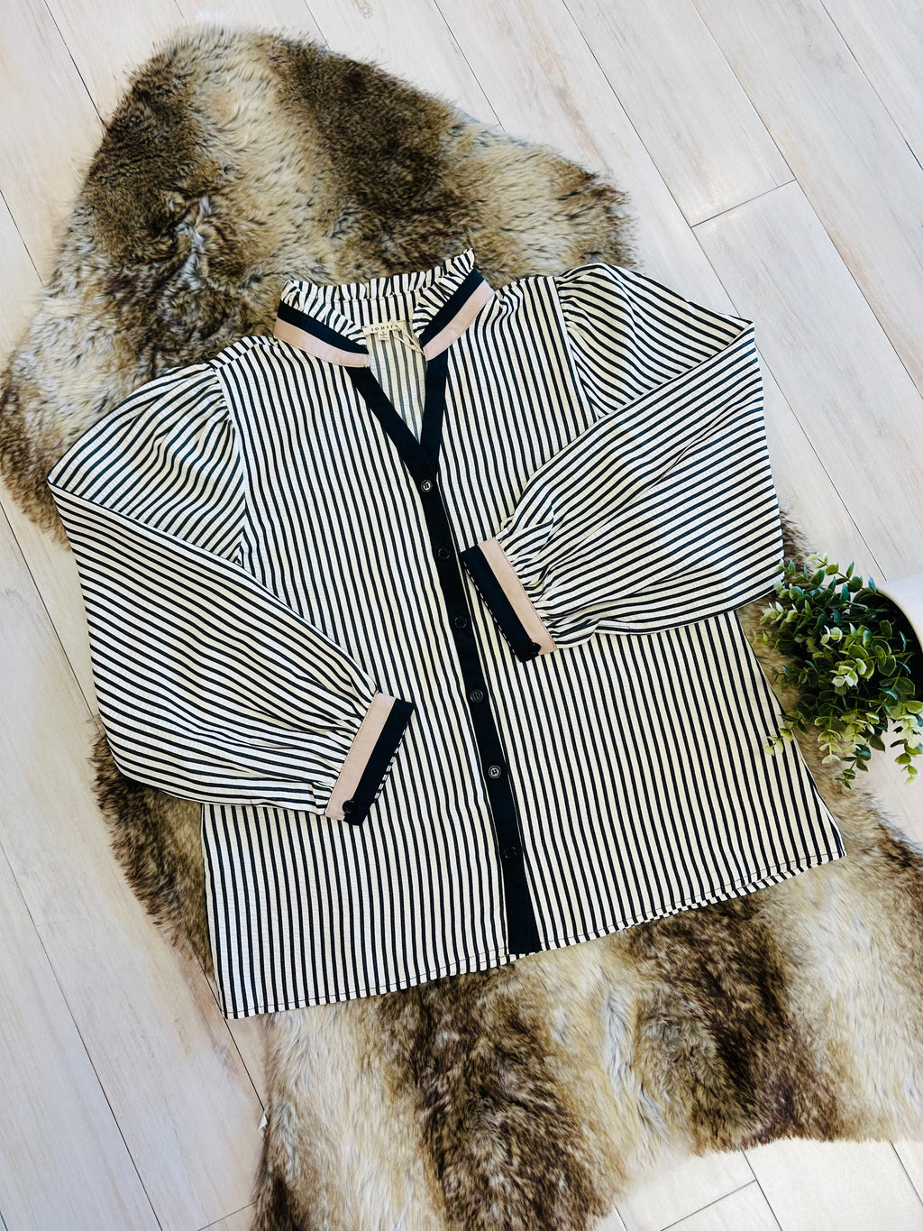Women’s Black Stripe Button Down Long Sleeve Top by Jodifl- True to Size