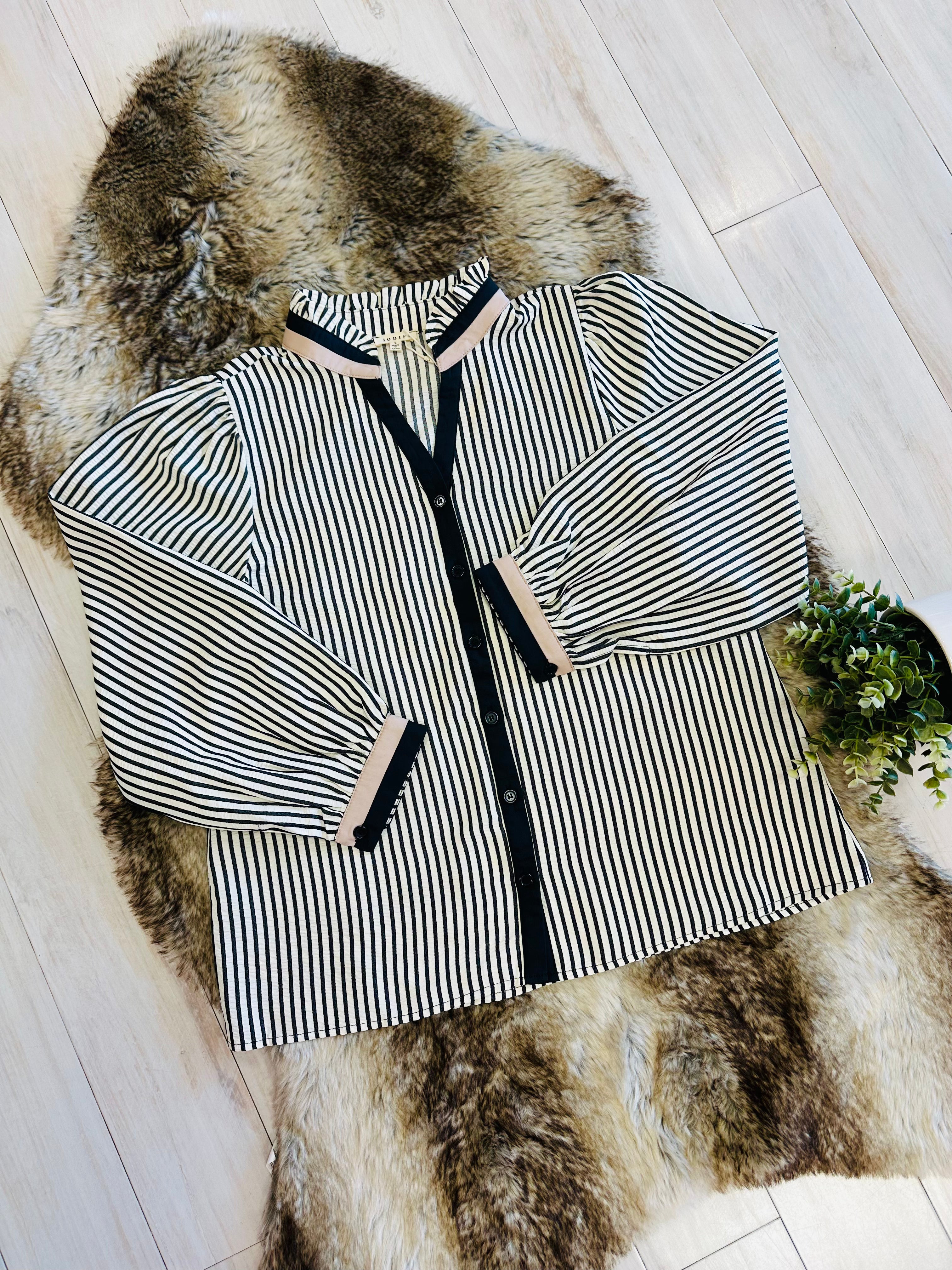 Women’s Black Stripe Button Down Long Sleeve Top by Jodifl- True to Size