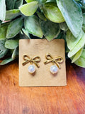 Golden Bow Pearl Drop Earrings