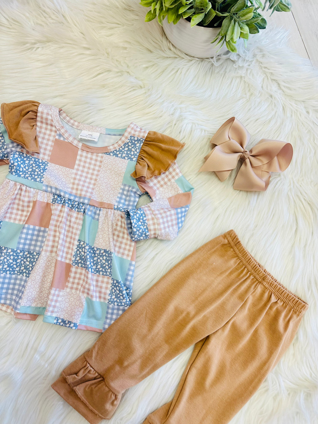 Girl’s Mixed Ruffle Patchwork Brown Pant Set