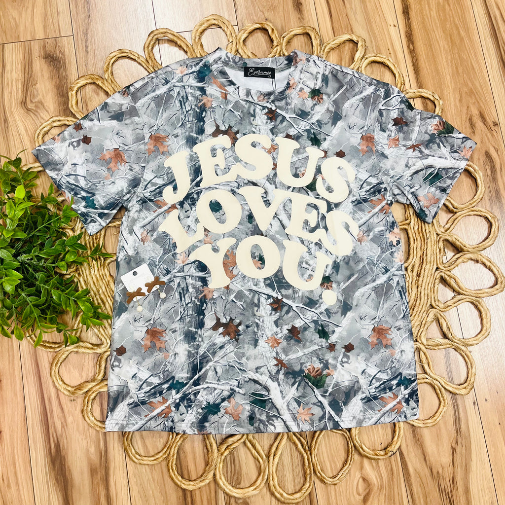 Women’s Evermmee Camo Tee “Jesus Loves You” in Yellow Print
