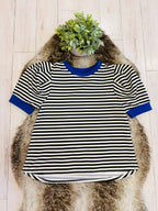Women’s Umgee Black Striped Puff Sleeve Top with Blue Trim- True to Size