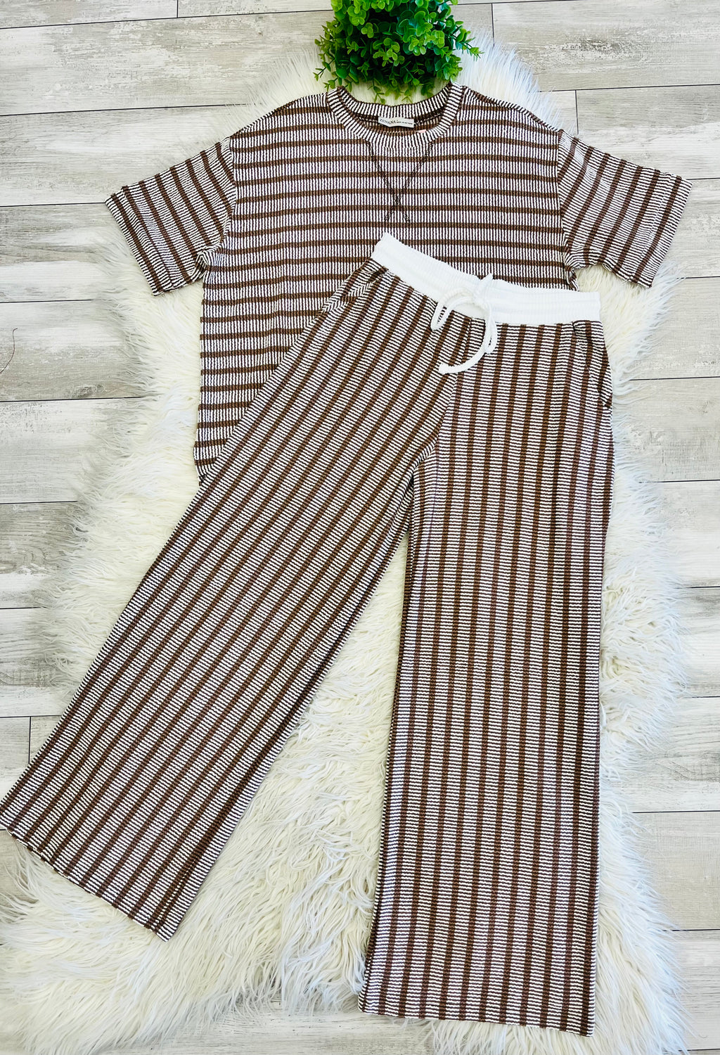 Women’s Zenana Brown Ribbed Drop - Shoulder Two Piece Set