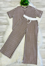 Women’s Zenana Brown Ribbed Drop - Shoulder Two Piece Set