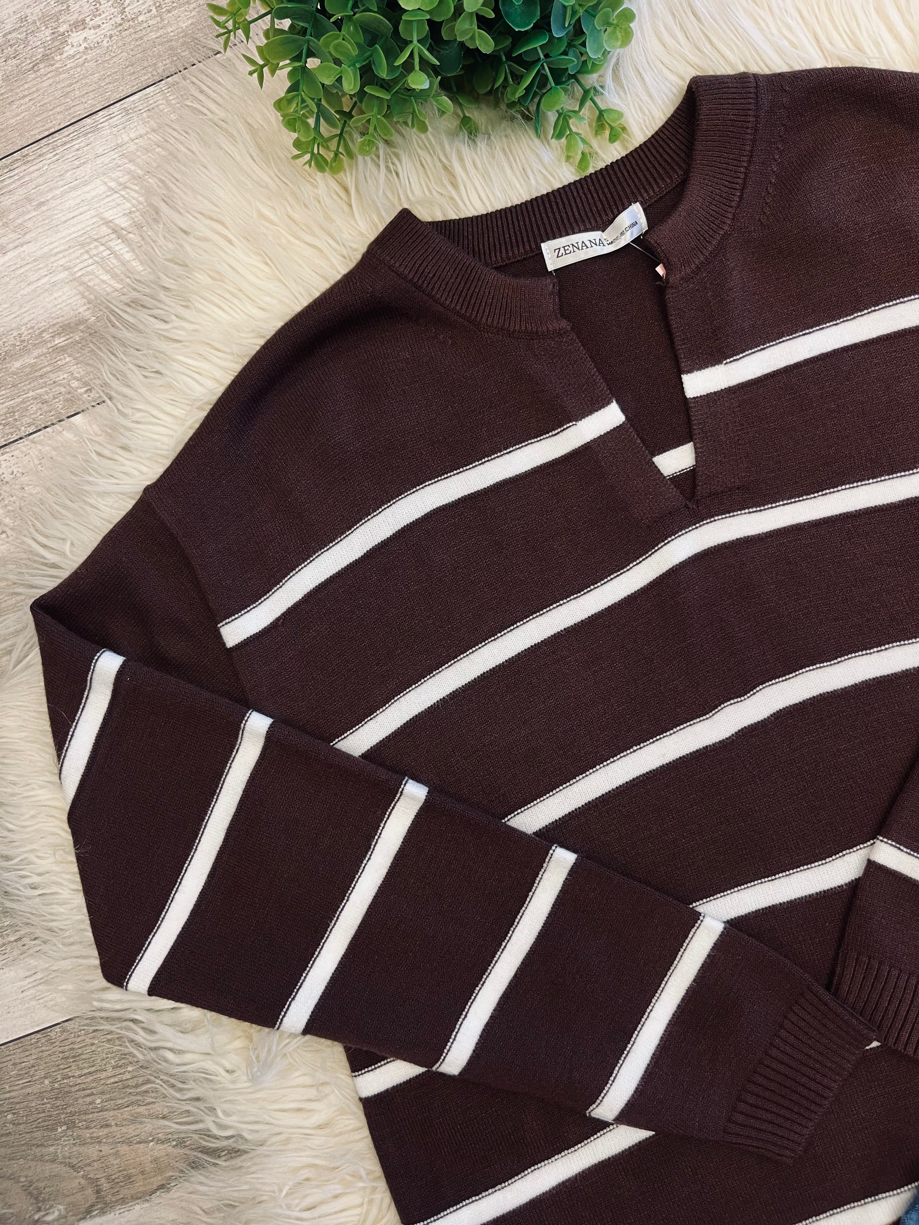 Women’s Zenana Trinity V-Neck Sweater In Chocolate - True to Size