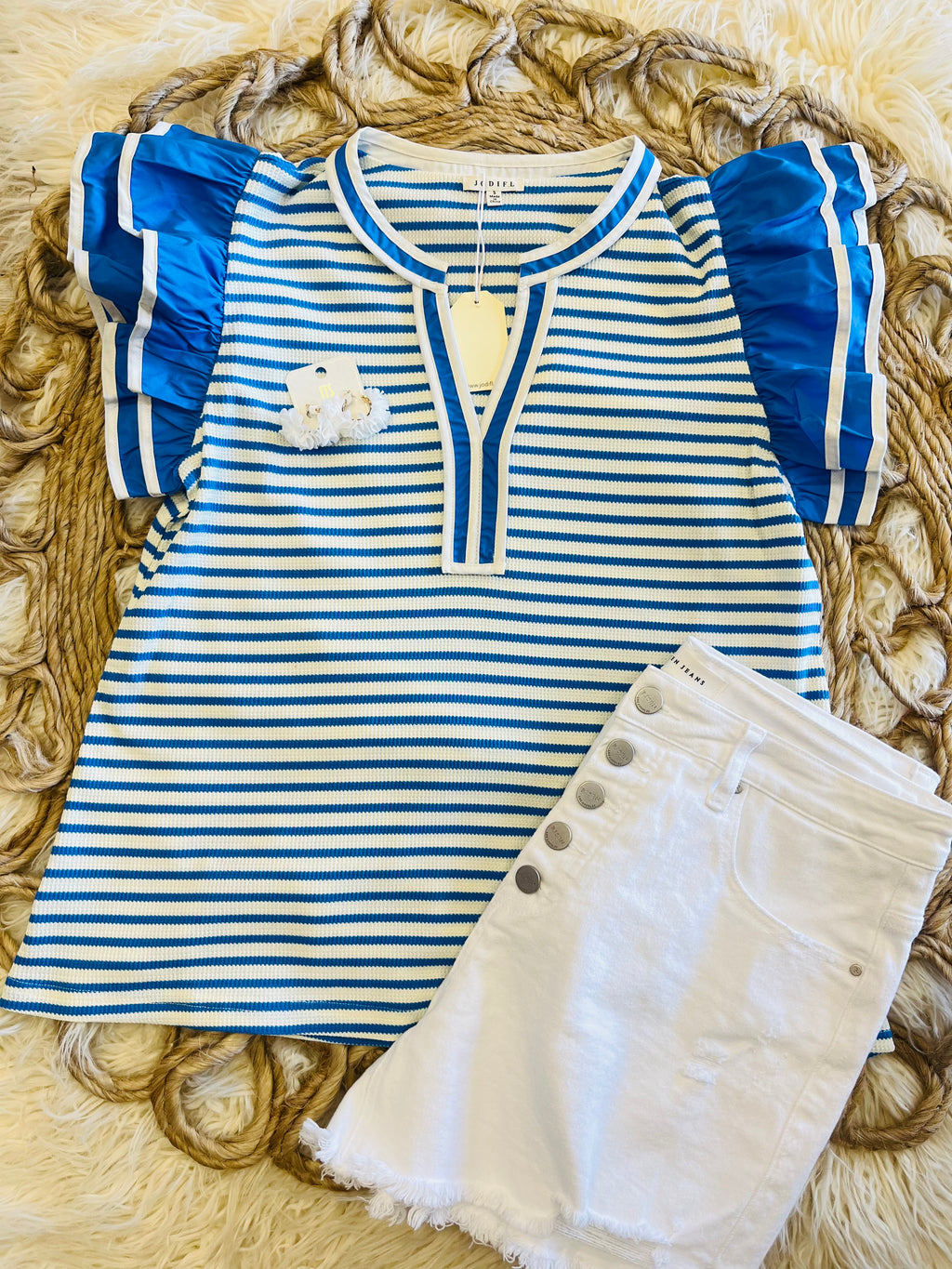 Women’s Blue Stripe Split Neck Ruffle Sleeve Top